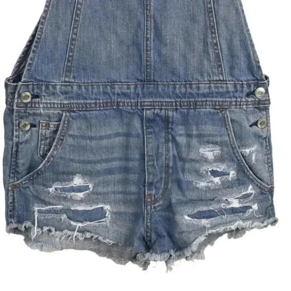 American Eagle AE Shortalls Ripped Distressed Bib Overalls Jeans Blue Size Small - Picture 6 of 11